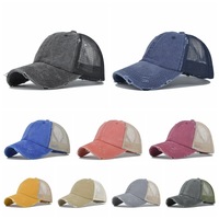 Casquette de baseball 6 panneaux réglable pour femme, style uni, multicolore, en maille délavée et vieillie, avec ouverture pour queue de cheval – Nouveautés en gros