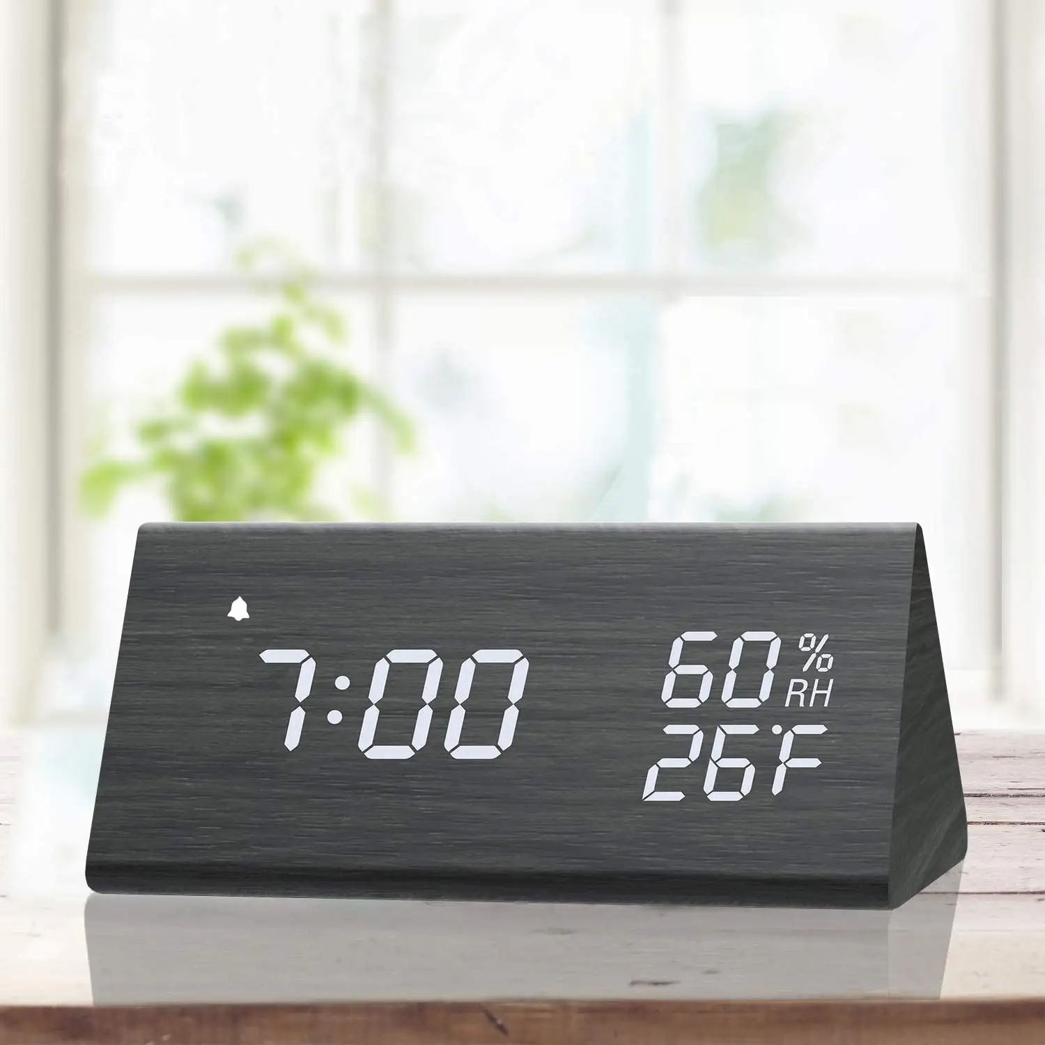 Wood Electronic LED Time Display, 3 Alarm Settings, Humidity & Temperature Detect