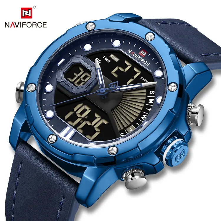 NAVIFORCE 9172 BEBE Wholesale Blue Men Watches Stainless Steel Waterproof Date Leather Strap Sport ODM Quartz LED Digital Watch