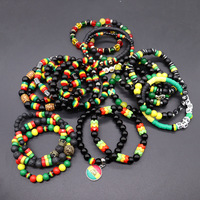 Pulseras Étnicas Africanas Rojas, Amarillas y Verdes, Pulseras Rasta de Jamaica, Pulseras Elásticas de Madera y Piedra de Vidrio, Pulseras con la Bandera de Jamaica, Pulseras con la Letra Jamaica