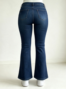 High Waist Stretch Dark Wash Flare Denim Jeans Women's Casual Full Length Solid Polyester/Cotton <b>Y2K</b> Autumn Style - Product Image 3