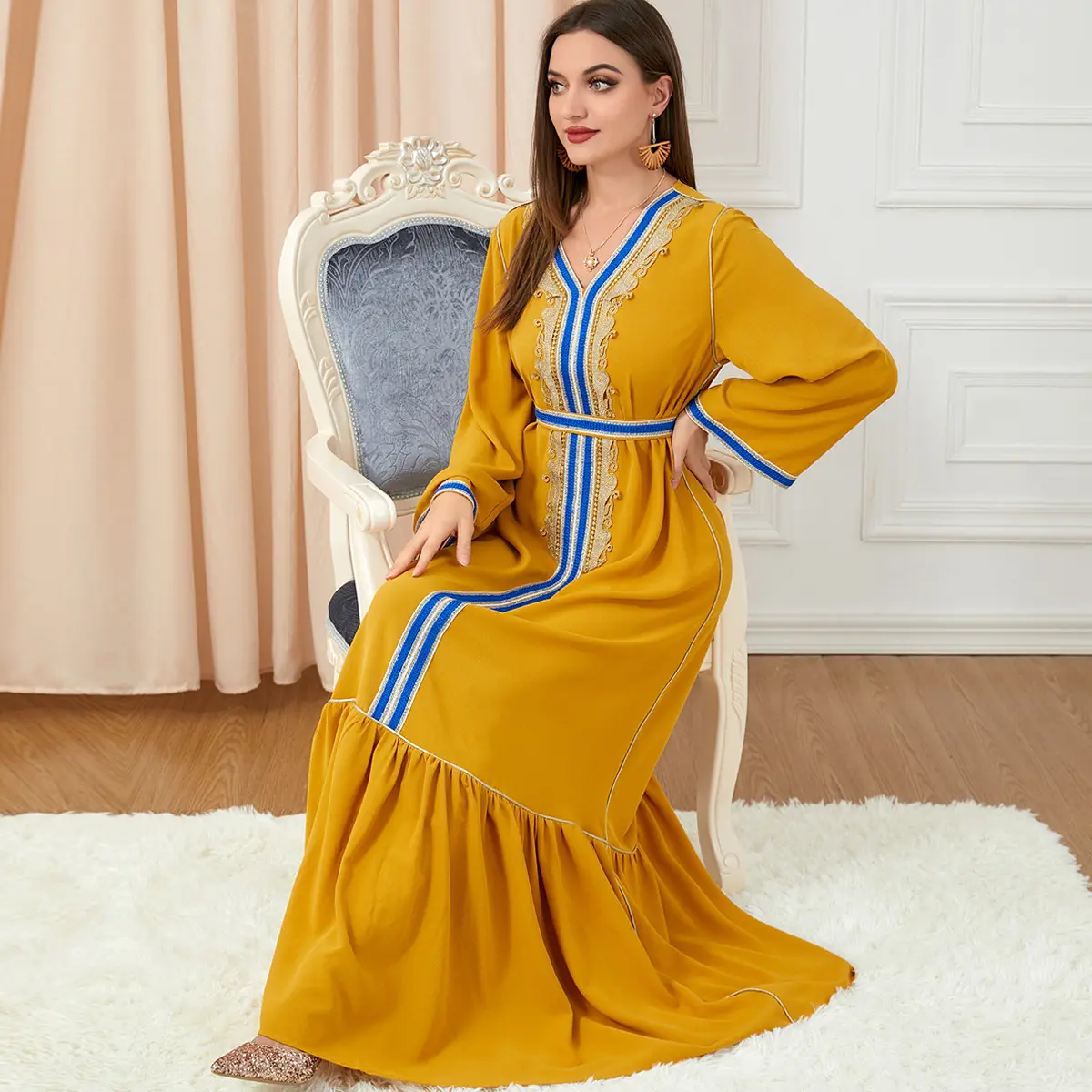 فستان مناسبا للعيد فستان شيفون تركي Baju-kurung-ماليزي مطرز بخياطة وقصة ضيقة للنساء بأكمام طويلة