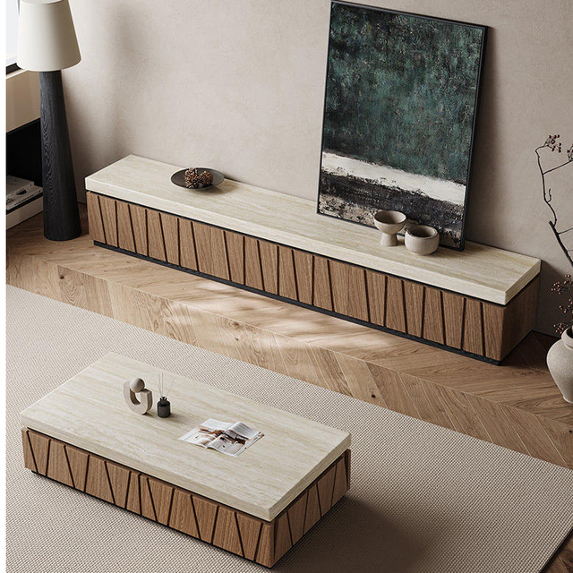 Modern Travertine Texture TV Stand & Coffee Table Set, Triangular Fluted Panel Living Room Furniture with Black Metal Frame