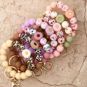 Personalized <b>Silicone</b> <b>Beaded</b> Keychain Bracelet with Daisy Charm and Carabiner Clasp Halloween-Themed High Quality Pastel Colors - Product Image 2