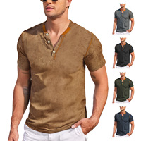 T-shirt Henley boutonné pour homme de style européen et américain - Couleur unie, col en V, manches courtes, coupe ajustée, polyester