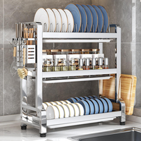 SANIPRO Égouttoir à vaisselle domestique en acier inoxydable avec support pour baguettes, 3 niveaux, gain de place, organisateur de rangement pour comptoir de cuisine