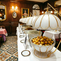 Réchaud de buffet en forme d'œuf avec support en fil métallique et couvercle suspendu, chauffe-plats de traiteur à couvercle roulant blanc et or