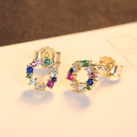 Boucles d'oreilles tendance en argent S925 plaqué or 18 carats avec zircons colorés, bijoux fins en argent 925, boucles d'oreilles créoles ouvertes en forme de couronne avec zircons cubiques