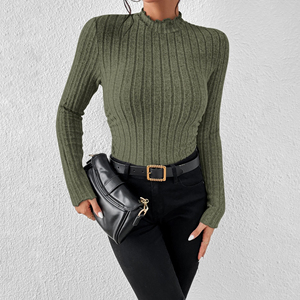 Haut en tricot côtelé mince élégant pour femmes avec t-shirt court décontracté à manches longues et pull de printemps polyvalent à <span class=keywords><strong>col</strong></span> montant - Product Image 2