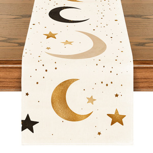Caminos <span class=keywords><strong>de</strong></span> <span class=keywords><strong>Mesa</strong></span> <span class=keywords><strong>de</strong></span> Lino Premium para Ramadán con Motivos Tradicionales <span class=keywords><strong>de</strong></span> Luna y Estrella Doradas, Estilo Bohemio, Decoración <span class=keywords><strong>de</strong></span> <span class=keywords><strong>Mesa</strong></span> para Eid - Product Image 1