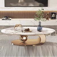 Ensemble Moderne de Petites Tables Basses de Luxe en Marbre Ovale Doré, Extensible en Acier Inoxydable, Design Élégant pour Salon et Meuble Central