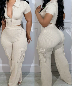 Viviblook Z517ST07 2025 décontracté couleur unie tenue d'été fermeture éclair à manches courtes haut multi-poches pantalon deux pièces ensemble - Product Image 2