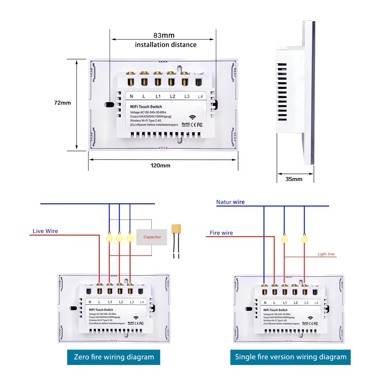 SAA Certified Power Point Smart Switch US AU EU Standard Tuya Wifi Light Alexa Without/With Neutral 2 Way 1/2/3/4 Gang Glass · image 4