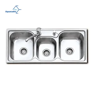 Aquacubic 1050 x 480毫米压制拉制多功能201不锈钢三碗厨房水槽带排水板