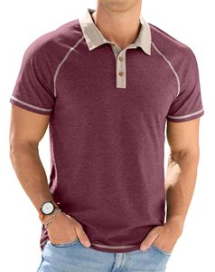 Polo de manga corta de algodón rojo vino para hombre, con cuello en contraste y diseño de botones, estilo casual. - Product Image 1