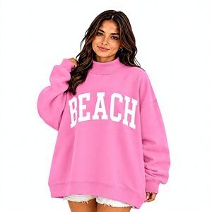 Wholesale Rate Women's Oversized Long Sleeve <b>Pink</b> Color Mock Neck Drop Shoulder <b>Sweatshirt</b> With White Beach Letter Printing - Product Image 1