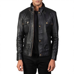 Men's Black <b>Genuine</b> Leather Moto Jacket With Button Closure And Chest Pockets Stand Collar Slim Fit Autumn Wear - Product Image 1