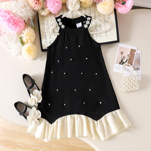 Vestido de Princesa con Cuello Halter y Perlas para Niñas, Estilo Europeo y Americano, con Volantes, Elegante y a la Moda, Ropa Infantil de Verano - Product Image 1