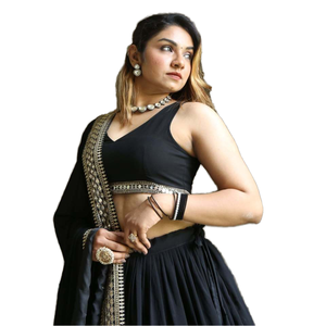 Grandes conjuntos de mujer Black Zari bordado Georgette Lehenga Choli para ropa de recepción - Product Image 1