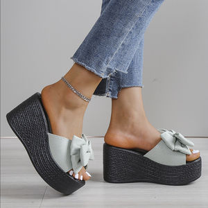 Mules à talon compensé pour femmes, version coréenne, avec nœud papillon et fleur, talons hauts rehaussants, modèle 816-1 - Product Image 4