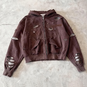 Sudadera con capucha de algodón 100% con bordado y efecto desgastado, estilo streetwear, doble capa tipo gofre, con cremallera, premium, oversize para hombre, con lavado ácido. - Product Image 4