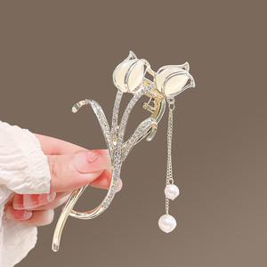 Pince <span class=keywords><strong>à</strong></span> cheveux chinoise en strass motif fleur de tulipe, avec chaîne <span class=keywords><strong>à</strong></span> pampilles en perles et pierre œil de chat, pour femmes - Product Image 4