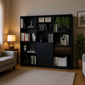 <b>Black</b> 3 Piece <b>Bookcase</b> Set Modern Minimalist Living Room Furniture MDF Wood Cubby Shelf With Back Freestanding Home Decor - Product Image 2