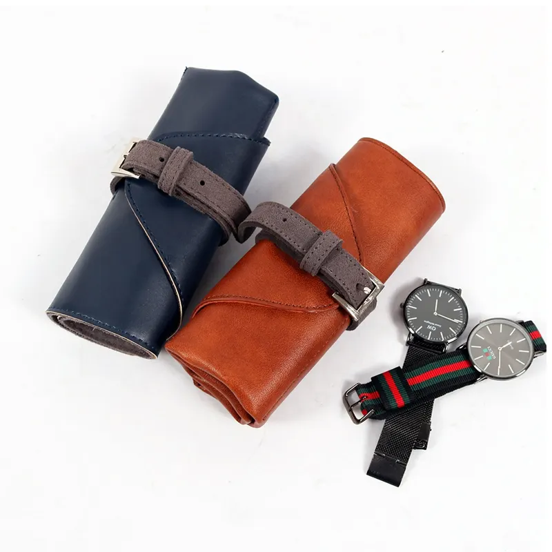 Портативный перезаряжаемый аккумулятор 4 слота часы с кожаным ремешком рулона в винтажном стиле с коричневой дорожные часы Органайзер чехол коробка Молния часы Сумка