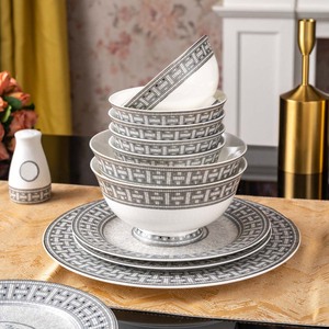 ชุดอาหารค่ำลายโมเสคสีเทาหรูหรา ชุดจานชามพอร์ซเลนขายดี 58 ชิ้น สำหรับสิบคน - Product Image 5