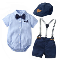 Ensemble 4 pièces pour bébés garçons, style gentleman britannique, en coton, pour l'automne, comprenant une tenue de cérémonie, un chapeau, une chemise habillée, une nœud papillon et une écharpe de photographie