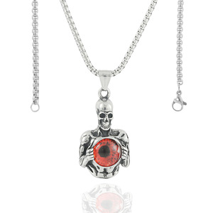 Pendentif squelette avec incrustation d'œil rouge, ton argenté, en acier inoxydable, breloque à thème pour homme 19006 - Product Image 5