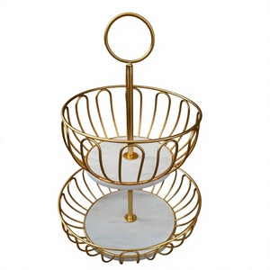 Panier de rangement élégant à deux niveaux en fil doré avec poignée, multi-usages, paniers décoratifs en marbre blanc pour la décoration intérieure - Product Image 1