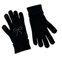 Gants tricotés unis à doigts entiers, design cœur orné de diamants et nœud papillon, pour femme, chauds, pour sports d'hiver en extérieur