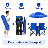 Banc de camping pliable pour deux personnes, durable, en acier Oxford 600D, avec parasol amovible, sac isotherme, accoudoirs et poches.
