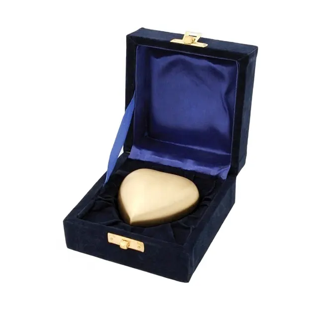 Pirinç kalp keepsake urn kadife kutu ile altın finishes küçük pirinç metal kremasyon cenaze külü vazosu İnsan külleri için