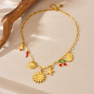 Stainless Steel Necklace With Sun Face Cherry Chili Pepper Starfish Shell Cross Charms Fashion Pendant Jewelry - Product Image 3