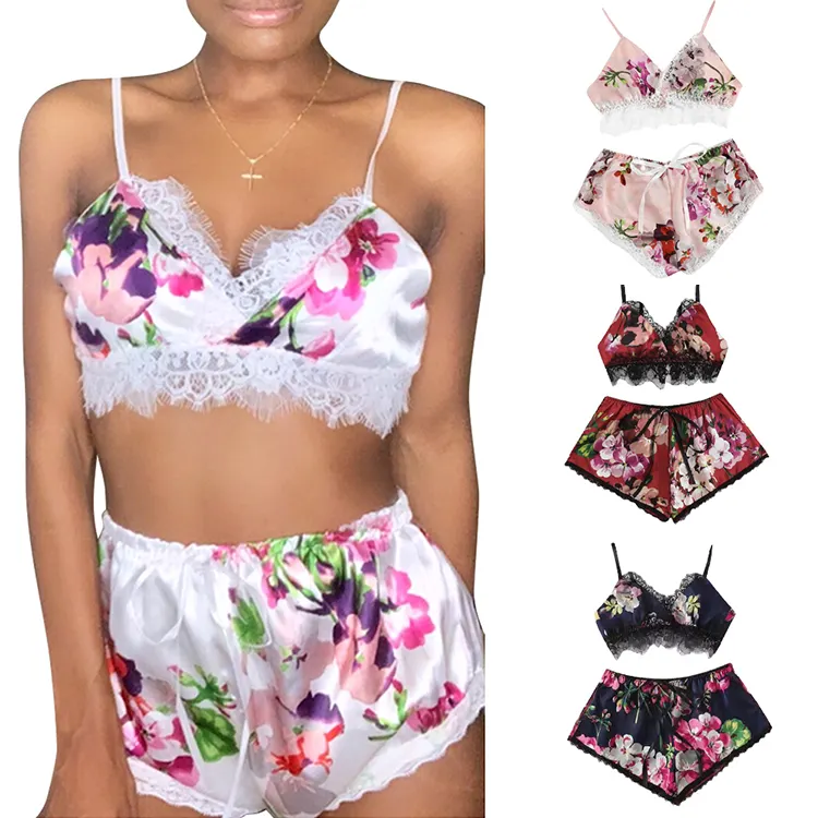 Women's V-Neck Bra Silk Sleepwear Home Charming Satin Lace Floral 2 Pieces Pajamas Short Pants Set