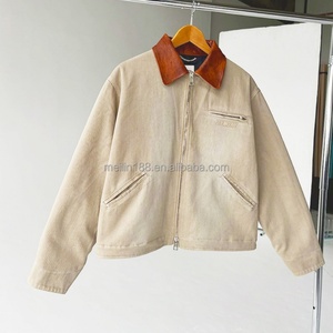 Custom High Quality <b>Canvas</b> <b>Jacket</b> Plus Size Workwear Design Vintage Washing Leather Lapel Collar Zip up Used Work <b>Jackets</b> - Product Image 1