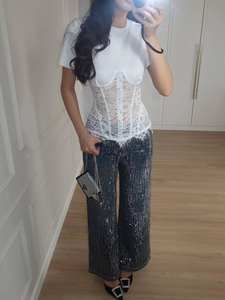 T-shirt estiva da donna a maniche corte con inserti in pizzo, girocollo aderente, stile estetico per uscire - Product Image 2