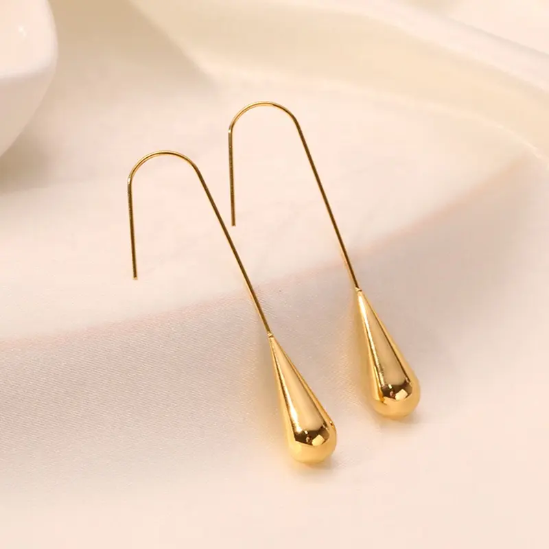 MICCI Long Water Drop Ear Ring Non Tarnish Free Minimalist Jewelry Stainless Steel PVD Plated 18K Gold Tear Drop Hook Earrings