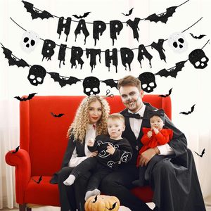 Striscione Nero Glitterato 'Buon Compleanno' per Halloween, Adesivi 3D a Forma di Pipistrelli e Teschi per Decorazioni di Feste Horror - Product Image 2