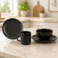 Services de table en porcelaine fine pour restaurants, vente en gros, en stock, service de table noir avec incrustations dorées