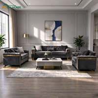 Ensemble de canapés Chesterfield modernes de luxe 1+2+3 places en velours beige capitonné avec structure en acier inoxydable doré pour salon