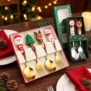 Wholesale <b>Christmas</b> Spoon Fork Set <b>Christmas</b> Figure Ornament Handle Glossy Metal Cutlery Holiday <b>Gift</b> <b>Box</b> - Product Image 1