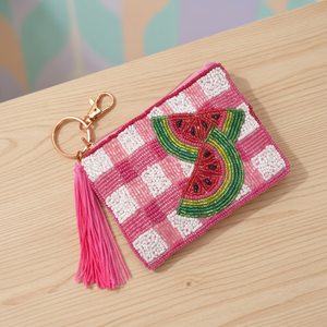 Pochette à monnaie perlée faite à la main, mini pochette brodée pastèque avec fermeture éclair, porte-clés pour usage quotidien - Product Image 2