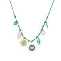 Collier avec pendentif en forme d'œil du diable en corde tressée en acier inoxydable plaqué or 18 carats, collier multi-charmes anti-ternissement, lune, piment