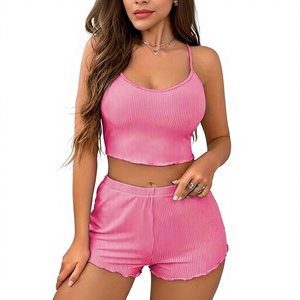 Women's 2-Piece Pink Striped Knitted Lounge Set V-neck Sleeveless Crop Top Shorts Elastic Waist Breathable Casual Summer Wear - Product Image 1