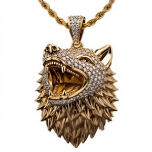925 Silver Plated Hiphop Wolf Head Pendant Necklace Iced Out Roaring Animal Charm <b>Rope</b> <b>Chain</b> for Gift Party - Product Image 4