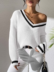 Suéteres Femininos de Tricô Estilo Preppy para Outono/Inverno, Decote em V, Casual, Tamanhos Grandes, Blusas de Tricô - Product Image 5