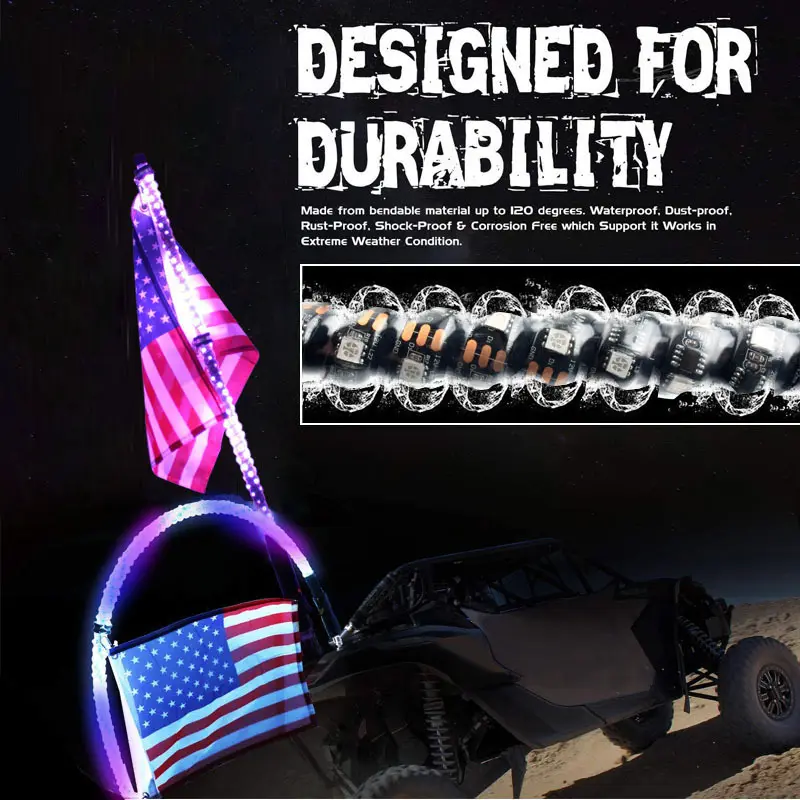 Haute qualité 3ft 4ft 5ft 6ft Flexible spirale rvb voiture led drapeau led drapeau pôle lumière pour atv utv atv led drapeau pôle lumière